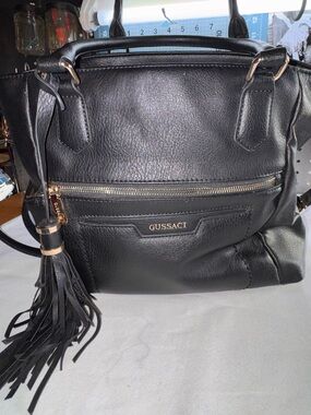 Gussaci Black Faux Leather Satchel Crossbody Tassel Bag Gold Hardware